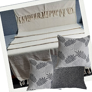 Kit Manta + Almofadas Folhas Cinza