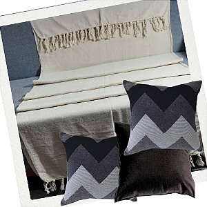 Kit Manta + Almofadas Geométrico ZigZag Sombra Negra