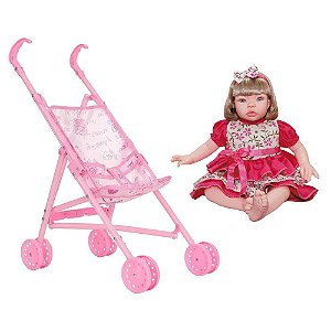 Boneca Infantil Baby Kiss Loira Sid-Nyl + Carrinho de Boneca Dobrável Polibrinq