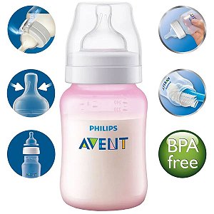 Mamadeira Avent Anticolica Antivazamento Medidor Externo Bebê 260ml +1 Mes Philips Classic Rosa