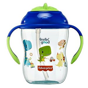 Copo de Treinamento Com Canudo e Alças Bebês Crianças +6 Meses 270ml Antivazamento First Moments Fisher Price Azul