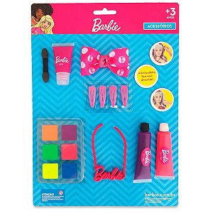 Kit Cartela de Maquiagem Para Boneca +3 Anos Com Colar Gel Batom Presilhas Laço Maquiagem Barbie Pupee