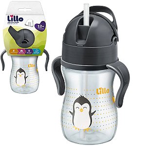 Copo Infantil com Canudo e Alças Antivazamento 240ml Canudo de Silicone Para +12 Meses Evolution Cinza - Lillo