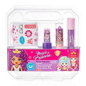 Kit Maquiagem Infantil Estojo Corajosa Com Batom Esmalte Gloss Adesivo Menina Magia de Princesa Sellus