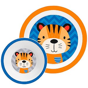 Kit Prato e Tigela Para Alimentação do Bebê Bowl Infantil Esquenta no Micro-Ondas Azul Tigre Clingo