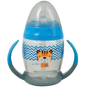 Copo de Bebê Mamadeira Com Canudo de Silicone Retrátil e Alças 230ml 8+ Meses Azul Tigre Clingo