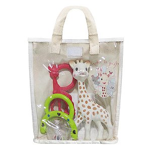 Kit Presente Infantil Com Mordedores e Chocalho Para Bebê Sophie La Girafe Com Sacola Decorativa