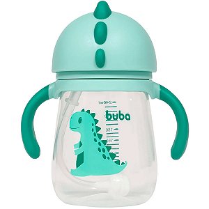 Copo Infantil com Canudo de Silicone e Alças Antivazamento 240ml Tampa Retrátil Dino Verde Buba