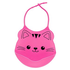 Babador Silicone Para Bebê +3 Meses Impermeável com Bolso Coletor de Migalhas Gatinho Rosa Buba