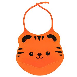 Babador Silicone Para Bebê +3 Meses Impermeável com Bolso Coletor de Migalhas Tigre Laranja Buba