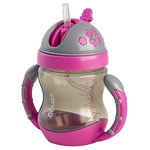 Copo Infantil com Alças e Canudo Antivazamento de Silicone 240ml Para Bebê +12 Meses Rosa Clingo