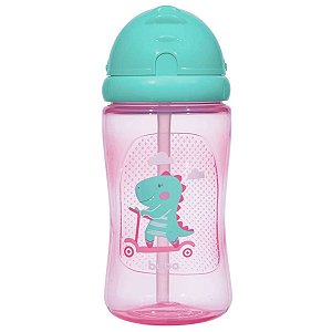 Garrafinha Infantil com Canudo de Silicone Retrátil 400ml Para Bebê +12 Meses Dinossauro Rosa Buba