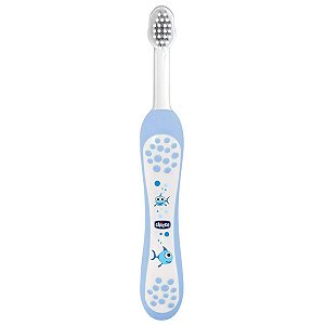 Escova Dental Infantil Cerdas Macias Com Tampa De Proteção +6 Meses Azul Chicco