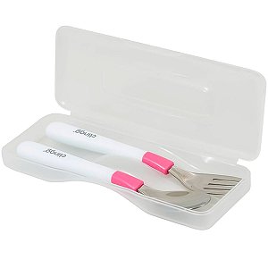 Kit Talheres Para Bebê Infantil +6 Meses Aço Inox Com Estojo Rosa Clingo