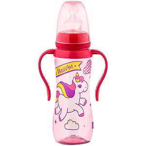 Mamadeira De Bebê Silicone 240mL +6 Meses Com Alças e Formato Anatômico Rosa Lillo