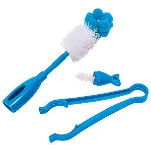 Escovas e Pinça Para Limpeza e Esterilização De Mamadeiras Bicos Garrafas e Copos Fundos Azul Buba