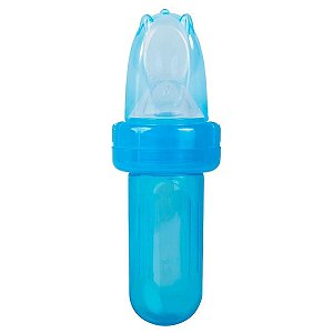 Porta Frutinha Para Bebê Com Colher em Silicone 2 em 1 Azul Buba