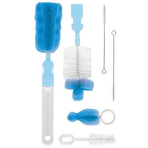 Kit Escovas Para Limpeza De Mamadeiras Bicos e Canudos Garrafas e Copos Fundos Azul Buba