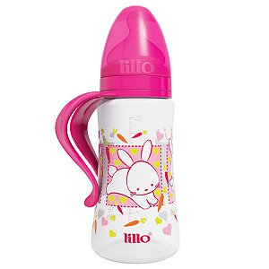 Mamadeira Bebê +6 Meses 300ml Silicone Tamanho 2 Com Tampa Protetora e Alça de Apoio Design Rosa Lillo