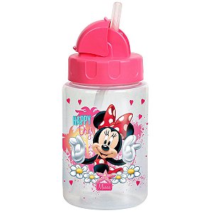Copo Infantil Bebê Criança +12 Meses Com Tampa Retrátil Canudo Silicone Minnie Mouse Rosa BabyGo