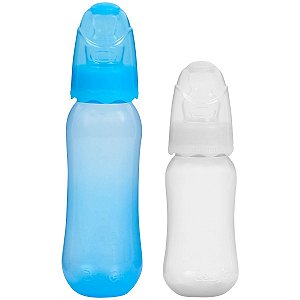 Kit Mamadeira De Bebê Bico Silicone Macio 240mL + 150mL 6 Meses Antivazamento Orto Azul Branco BabyGo