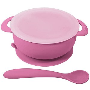 Kit Prato Bowl Com Ventosa Tampa e Colher Anatômica de Silicone Rosa Kababy