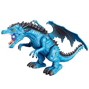 Brinquedo Infantil Dragão de Gelo Com Controle e Movimento Solta Vapor Luzes e Sons Azul Polibrinq