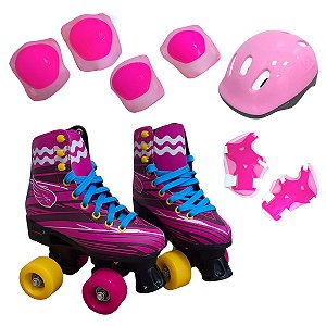 Patins Infantil Para Criança Tam 30/31 + Kit de Proteção Capacete Joelheiras Cotoveleiras Luvas Rosa