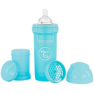 Mamadeira Bebê Bico de Silicone +2M Infantil 260ml Antivazamento Com Recipiente Leite em Pó 100ml Mixer Azul Twistshake