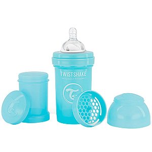 Mamadeira Bebê Bico de Silicone +0M Infantil 180ml Antivazamento Com Recipiente Leite em Pó 100ml Mixer Azul Twistshake