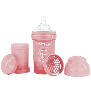 Mamadeira Bebê Bico de Silicone +0M Infantil 180ml Antivazamento Com Recipiente Leite em Pó 100ml Mixer Rosa Twistshake