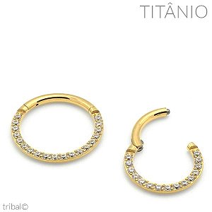 Piercing Anel Segmentado Articulado com Zircônias Frontais Dourado Titânio