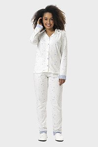 Pijama Longo Aberto em Algodao Star Branco 11470