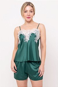 Pijama Short Doll em Cetim Dull e Renda Chantilly Vert Verde 11631
