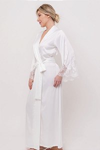 Robe Longo em Cetim Dull e Renda Aplicada Off White 11634