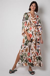 Kimono Longo em Cetim Dull Estampado Colorido 11639