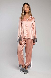 Pijama Longo em Cetim Dull e Renda Chantilly Rose 11641