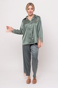 Pijama Longo em Cetim Dull e Renda Chantilly Green Verde 11642
