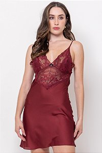 Camisola Curta em Cetim Dull e Renda Bordo 11649