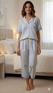 Pijama Capri 100% Algodão com Blusa de Botoes Eva Azul 11823