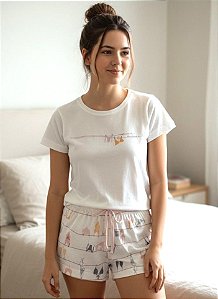 Pijama Short Doll com Manga Curta 100% Algodao Estampado Rosa Iris 11830