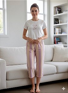 Pijama Feminino Capri com Manga Curta em Viscolycra Listrado Zara 11841