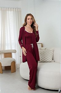 Pijama Trio Feminino Blusa Aberta Basic em Viscolycra Vinho 11942