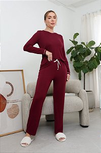 Pijama Feminino Longo Gola V Basic em Viscolycra Vinho 11943