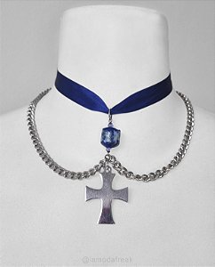 CHOKER CETIM AZUL E CRUZ AÇO INOX - AC064