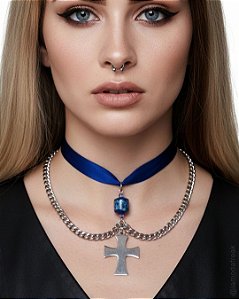 CHOKER CETIM AZUL E CRUZ AÇO INOX - AC064