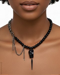 COLAR BOLINHAS PEDRA NATURAL E SPIKE - AC207