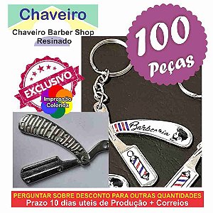 100 Chaveiros Barber Shop resinado argola e cordão