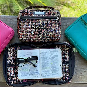 Bolsa para Bíblia em Couro com Estampa Tweed -tamanho M