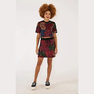 Saia Farm Curta Estampada Corações Coloridos